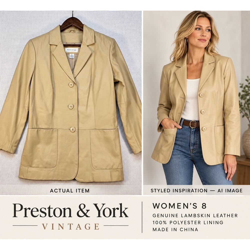 Preston‎ & York Women's Tan Leather Blazer Jacket Small Genuine Lambskin Y2K